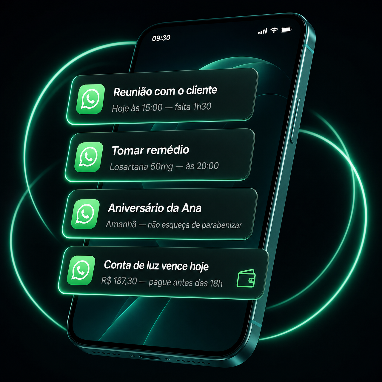Celular recebendo lembretes pelo WhatsApp, incluindo contas a pagar